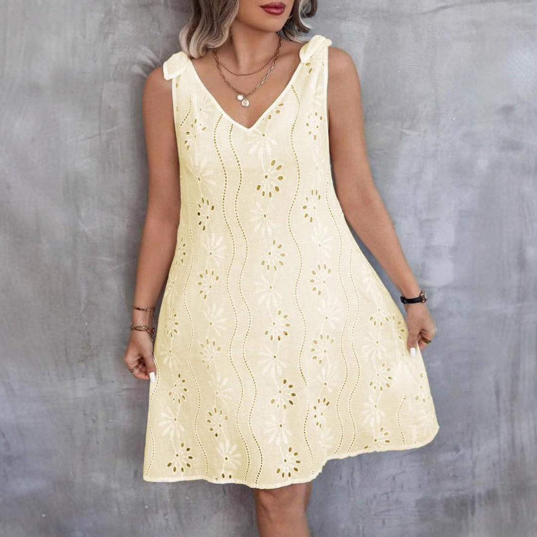 Women's Eyelet Cotton Blend Tie-Shoulder Fall Midi Dress V-Neck