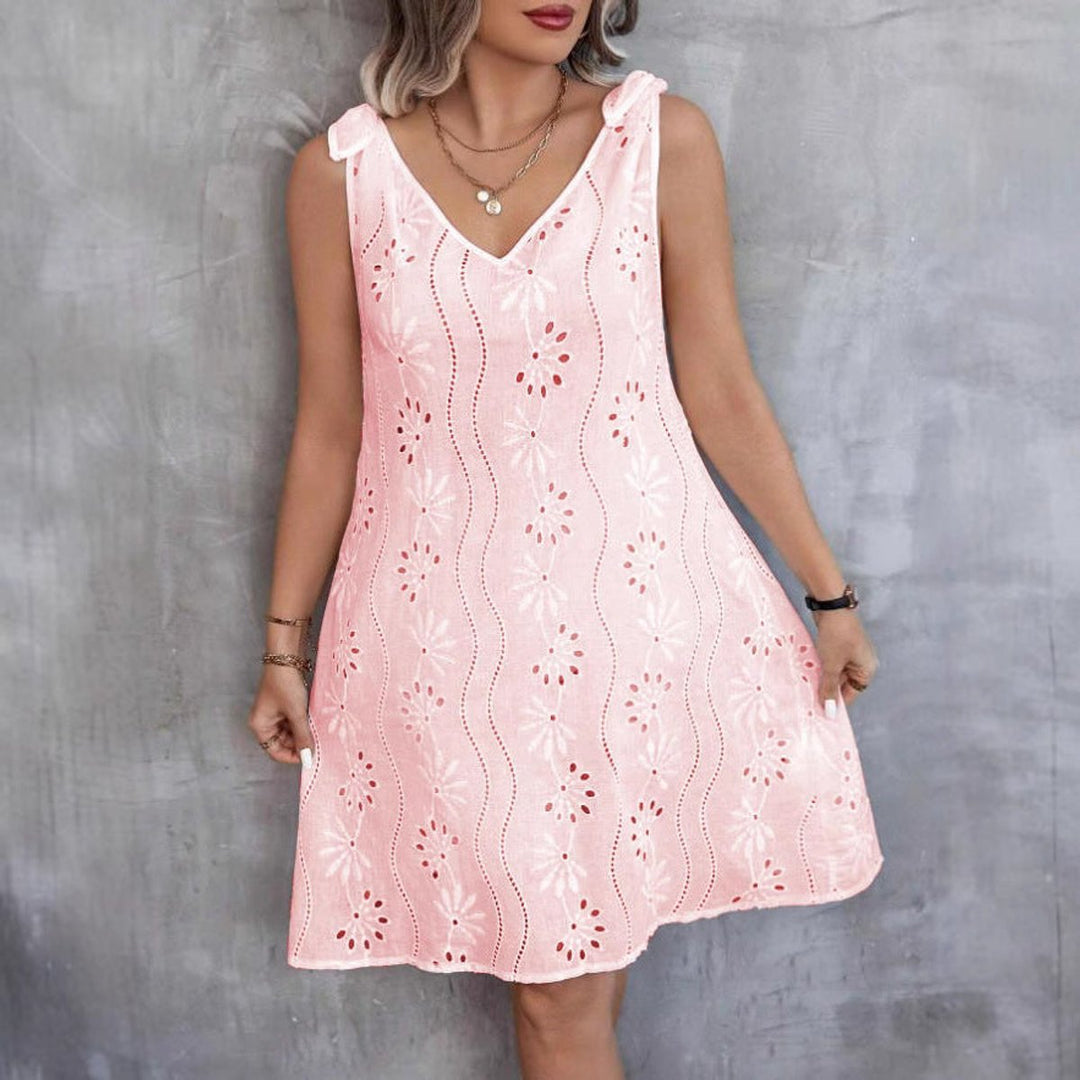 Women's Eyelet Cotton Blend Tie-Shoulder Fall Midi Dress V-Neck