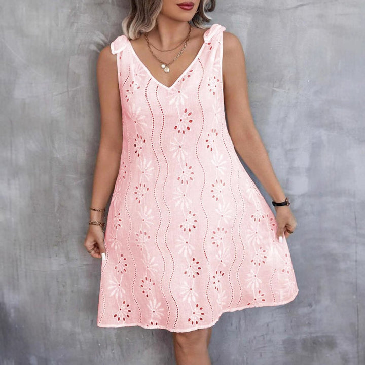 Women's Eyelet Cotton Blend Tie-Shoulder Fall Midi Dress V-Neck