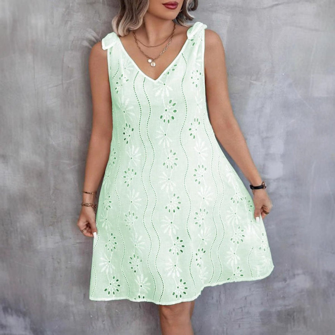 Women's Eyelet Cotton Blend Tie-Shoulder Fall Midi Dress V-Neck