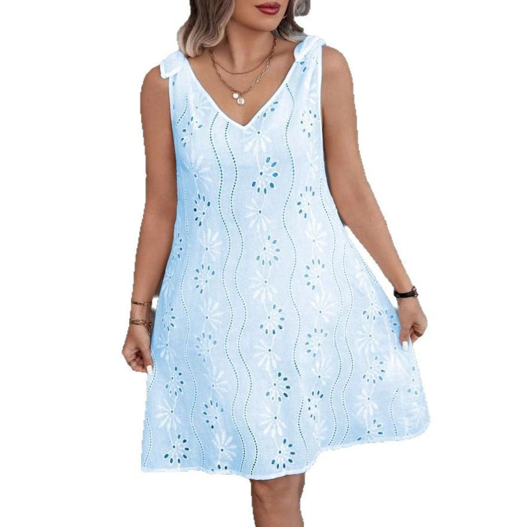Women's Eyelet Cotton Blend Tie-Shoulder Fall Midi Dress V-Neck