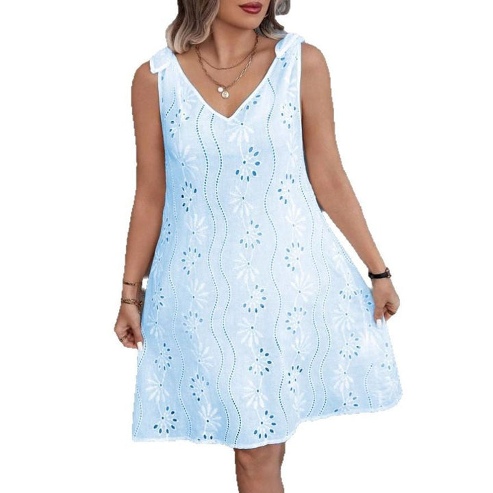 Women's Eyelet Cotton Blend Tie-Shoulder Fall Midi Dress V-Neck