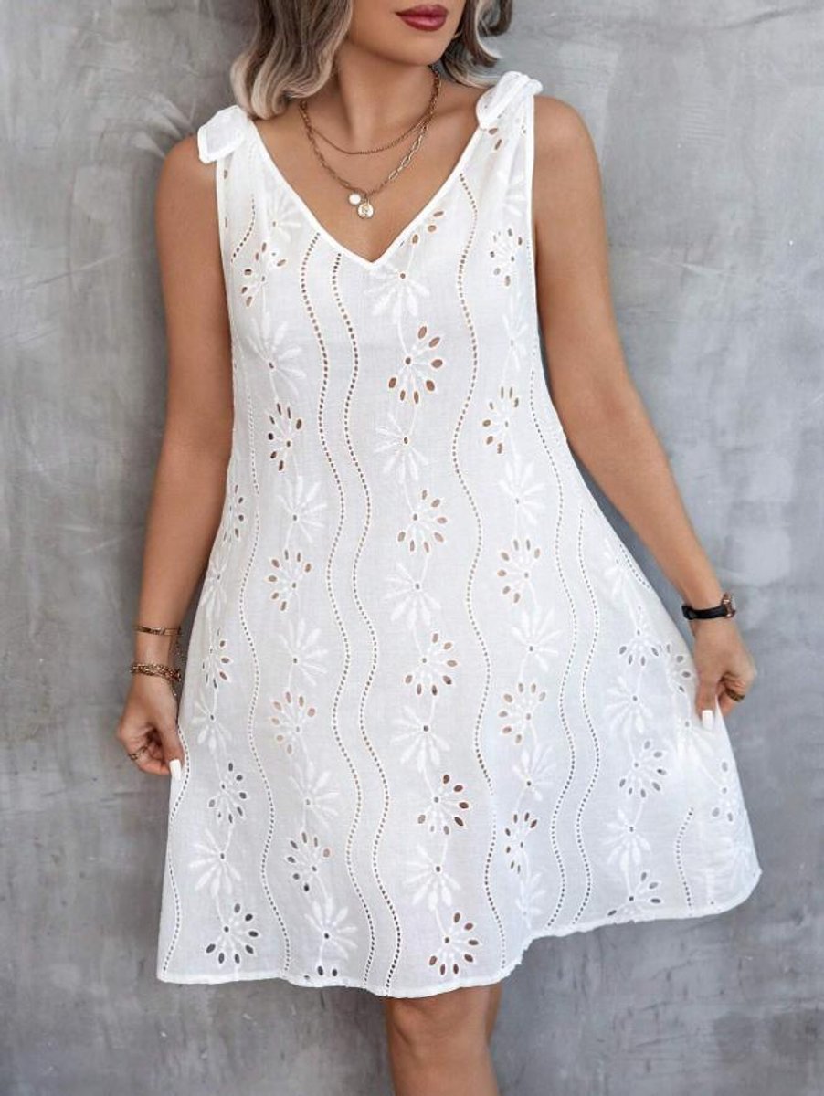 Women's Eyelet Cotton Blend Tie-Shoulder Fall Midi Dress V-Neck