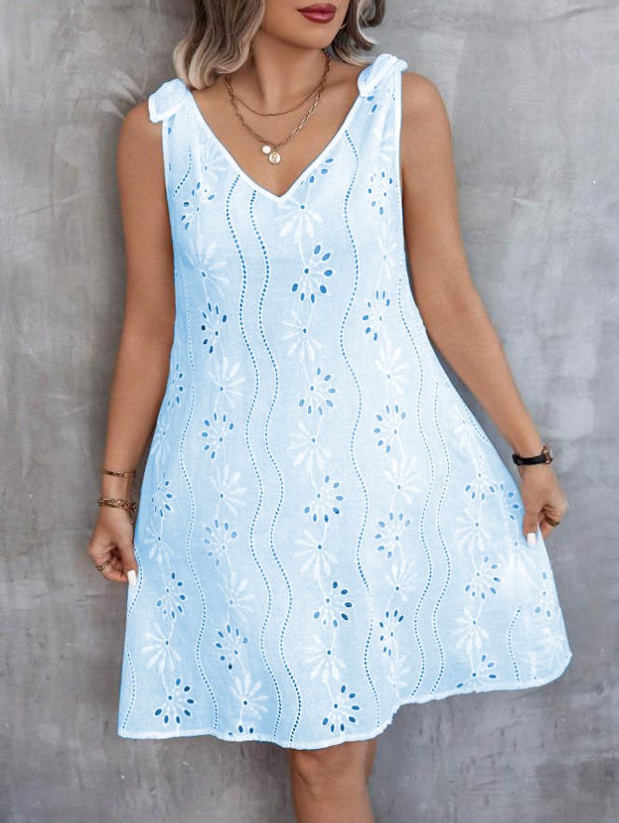 Women's Eyelet Cotton Blend Tie-Shoulder Fall Midi Dress V-Neck