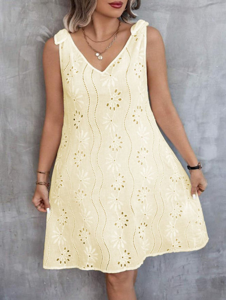 Women's Eyelet Cotton Blend Tie-Shoulder Fall Midi Dress V-Neck