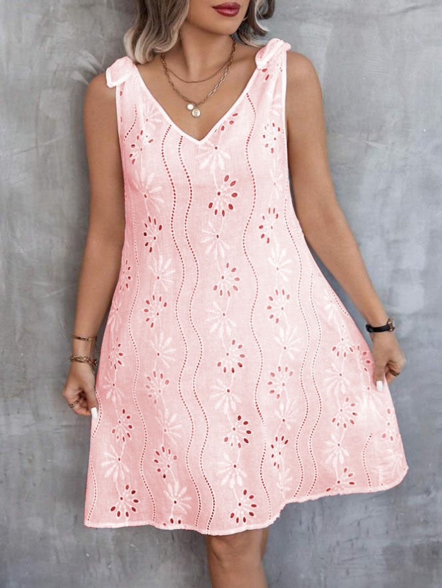 Women's Eyelet Cotton Blend Tie-Shoulder Fall Midi Dress V-Neck
