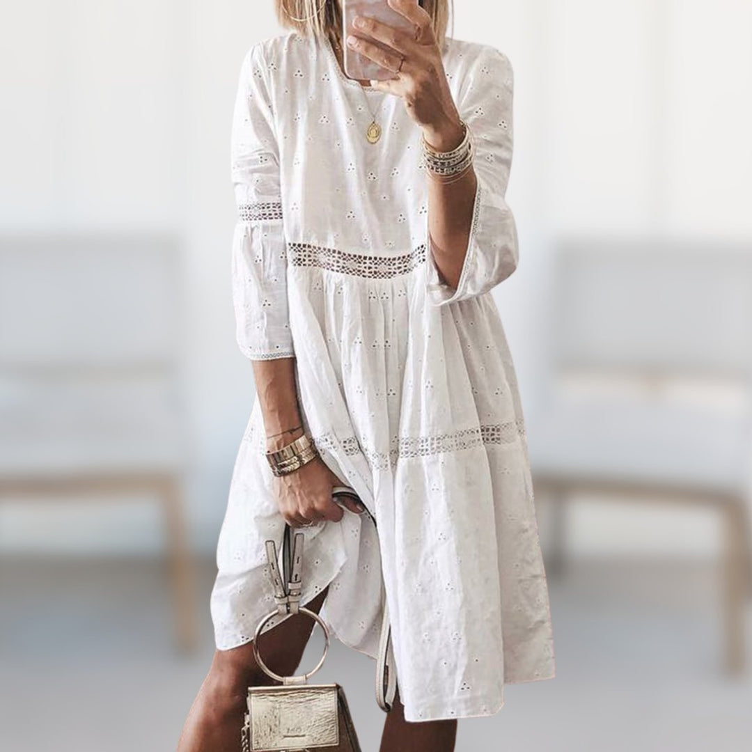 Women's Eyelet Cotton Tiered Formal Dress 3/4 Sleeve