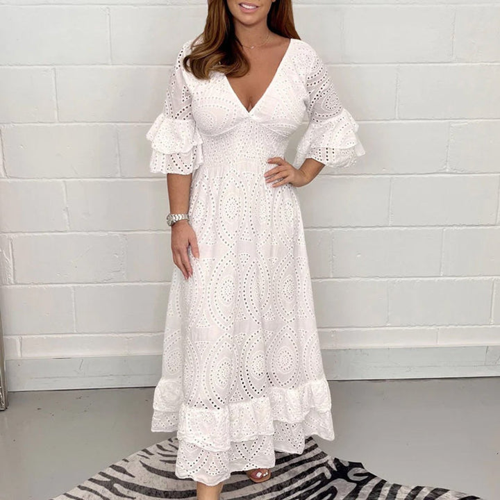 Women's Eyelet Embroidered Ruffle Sleeve Fall Midi Dress V-Neck