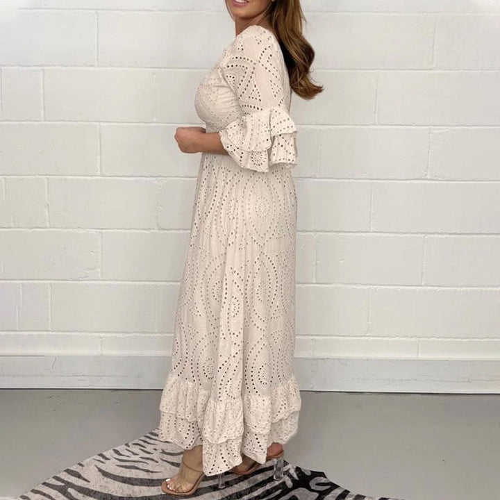 Women's Eyelet Embroidered Ruffle Sleeve Fall Midi Dress V-Neck