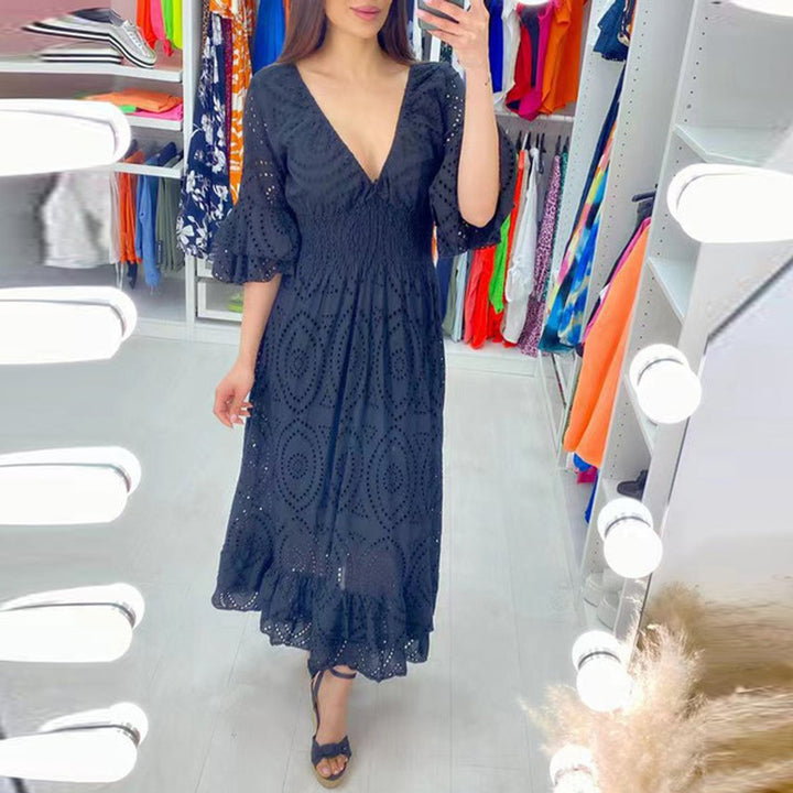 Women's Eyelet Embroidered Ruffle Sleeve Fall Midi Dress V-Neck