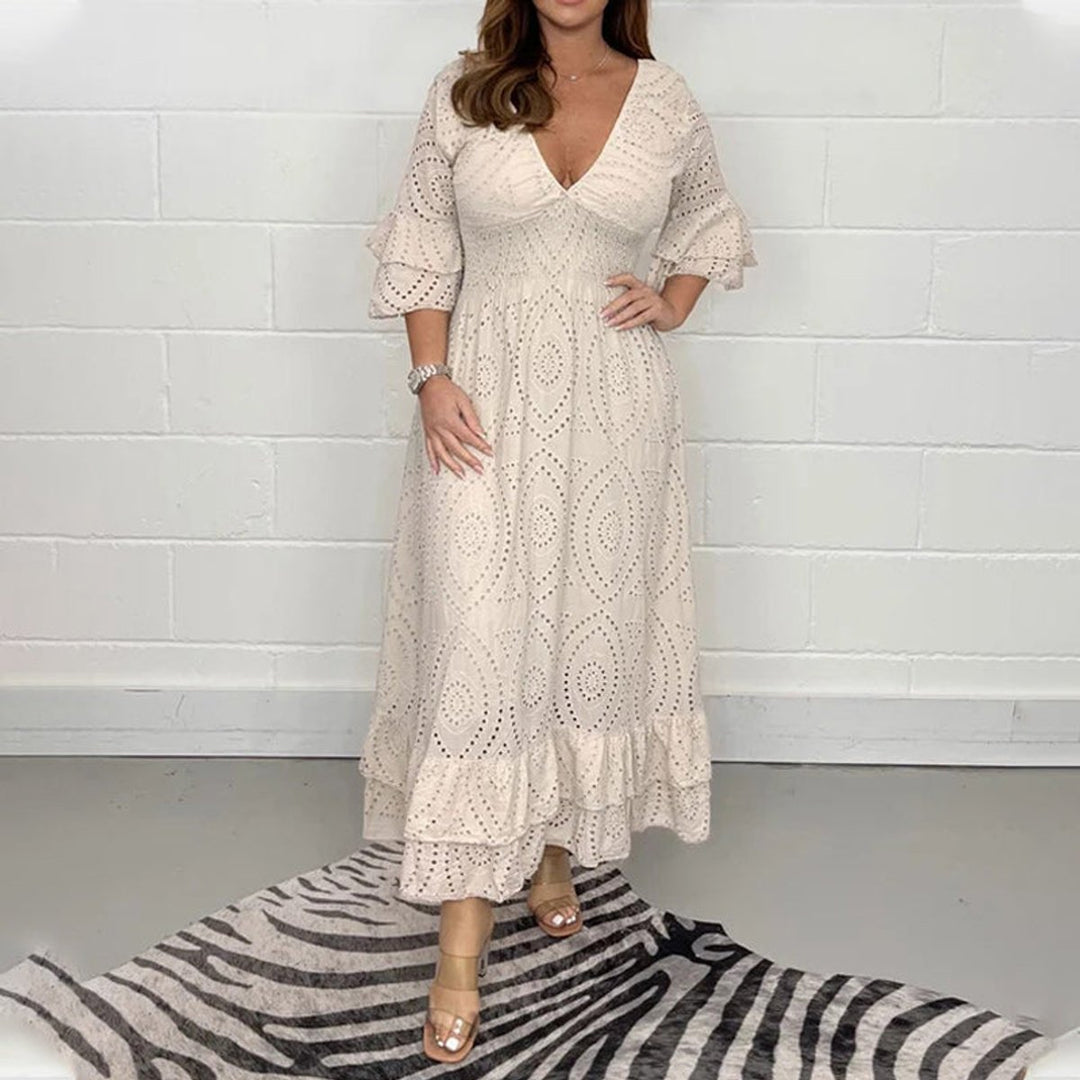 Women's Eyelet Embroidered Ruffle Sleeve Fall Midi Dress V-Neck