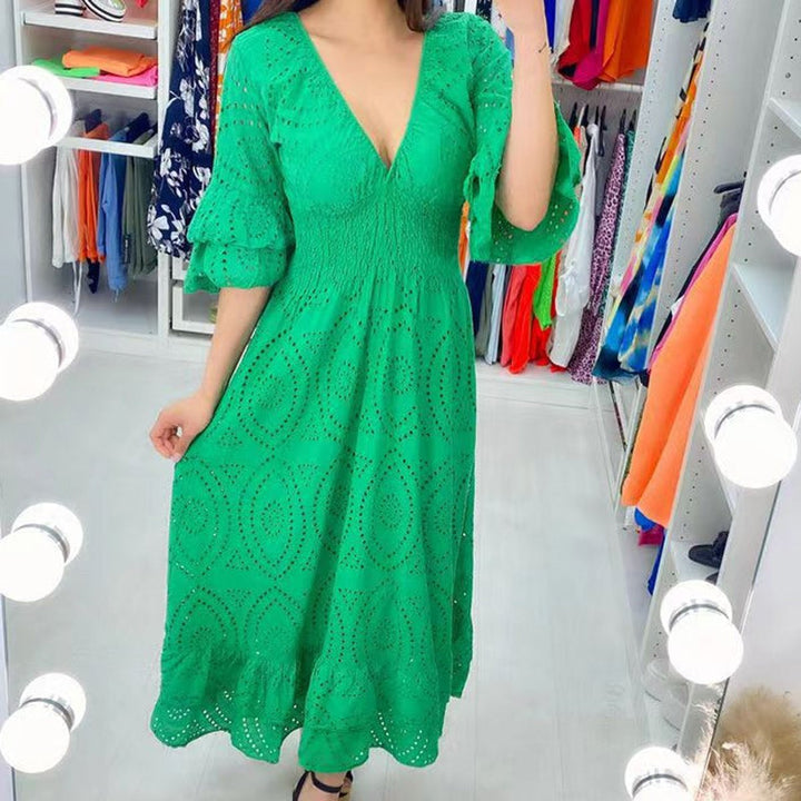 Women's Eyelet Embroidered Ruffle Sleeve Fall Midi Dress V-Neck