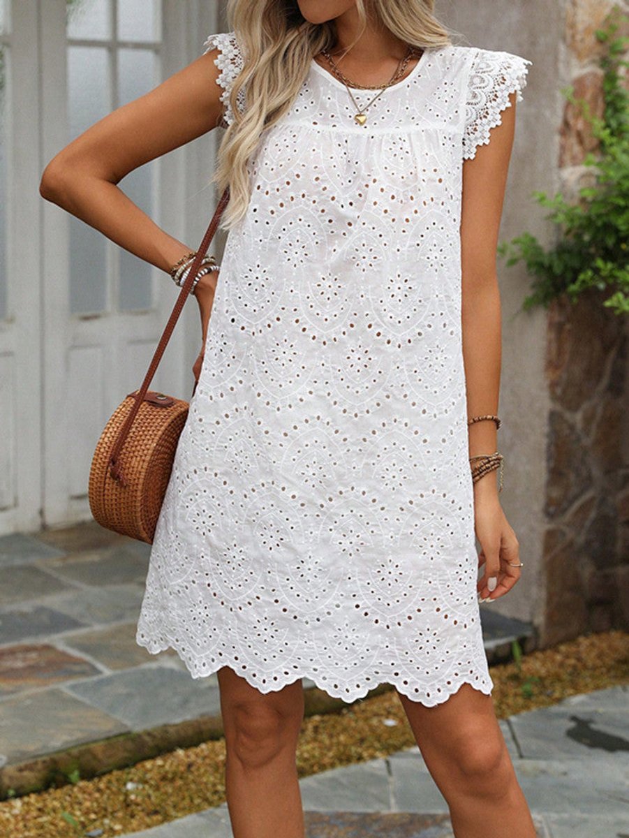 Women's Eyelet Embroidered Sleeveless Fall Midi Dress Lace Trim A-Line