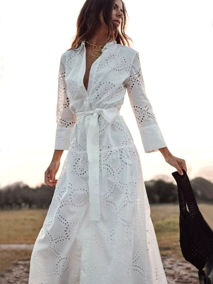 Women's Eyelet Lace Long-Sleeve Fall Midi Dress High-Waist