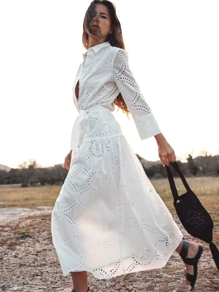 Women's Eyelet Lace Long-Sleeve Fall Midi Dress High-Waist