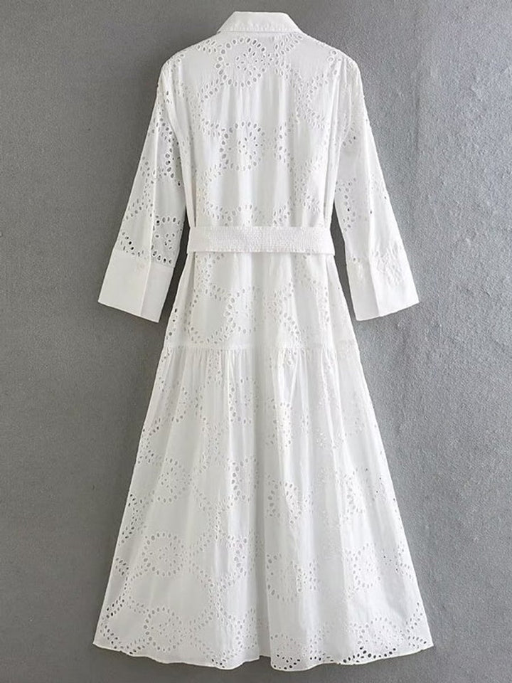 Women's Eyelet Lace Long-Sleeve Fall Midi Dress High-Waist