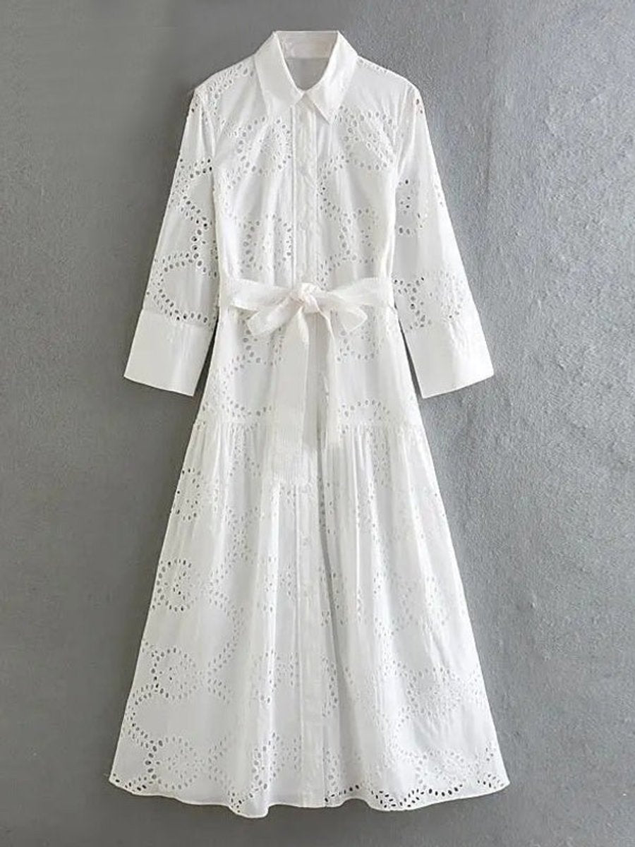 Women's Eyelet Lace Long-Sleeve Fall Midi Dress High-Waist