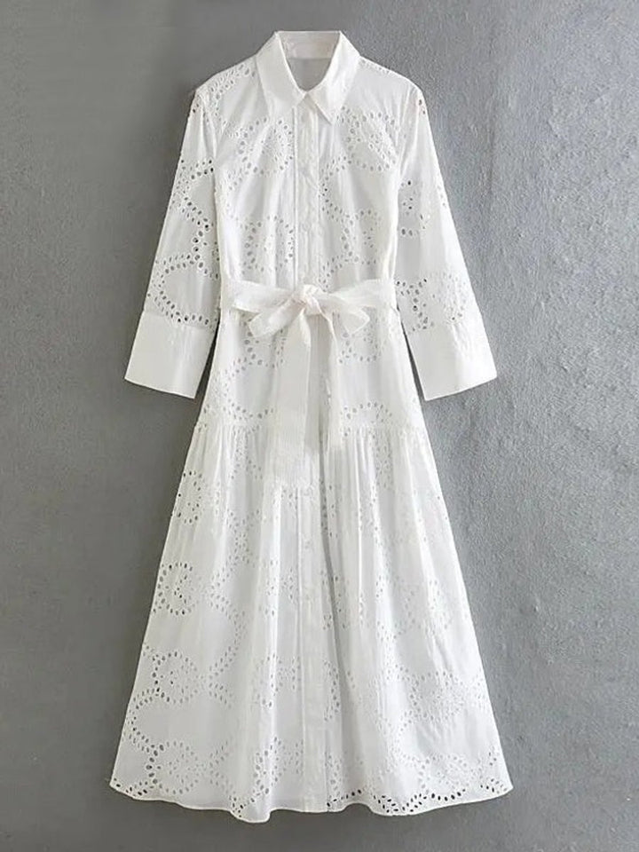 Women's Eyelet Lace Long-Sleeve Fall Midi Dress High-Waist