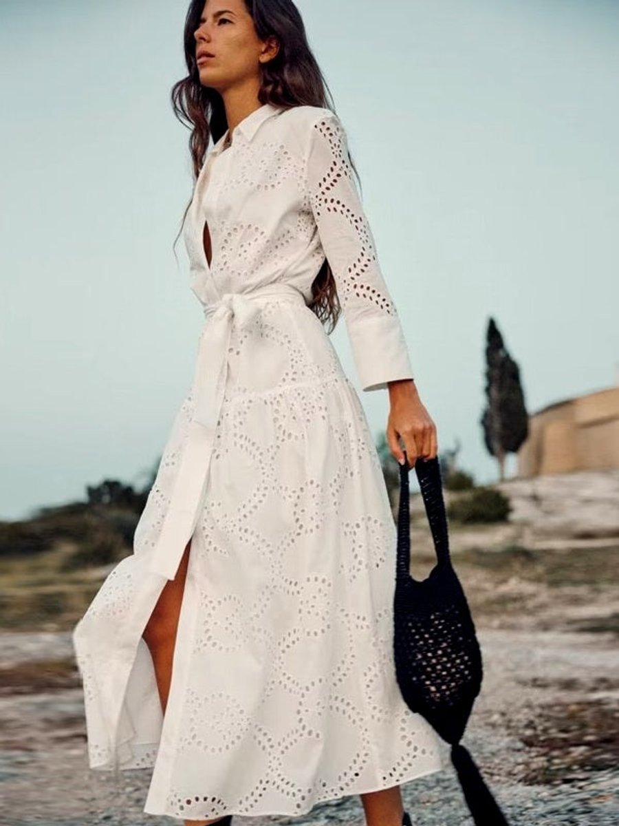 Women's Eyelet Lace Long-Sleeve Fall Midi Dress High-Waist