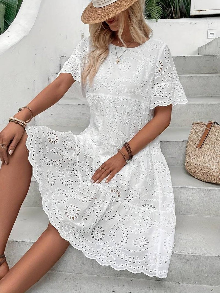 Women's Eyelet Lace Short Sleeve Fall Midi Dress