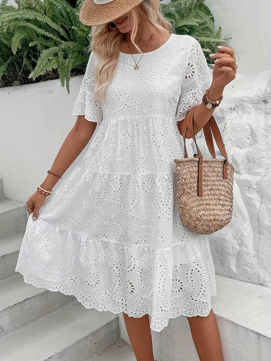 Women's Eyelet Lace Short Sleeve Fall Midi Dress