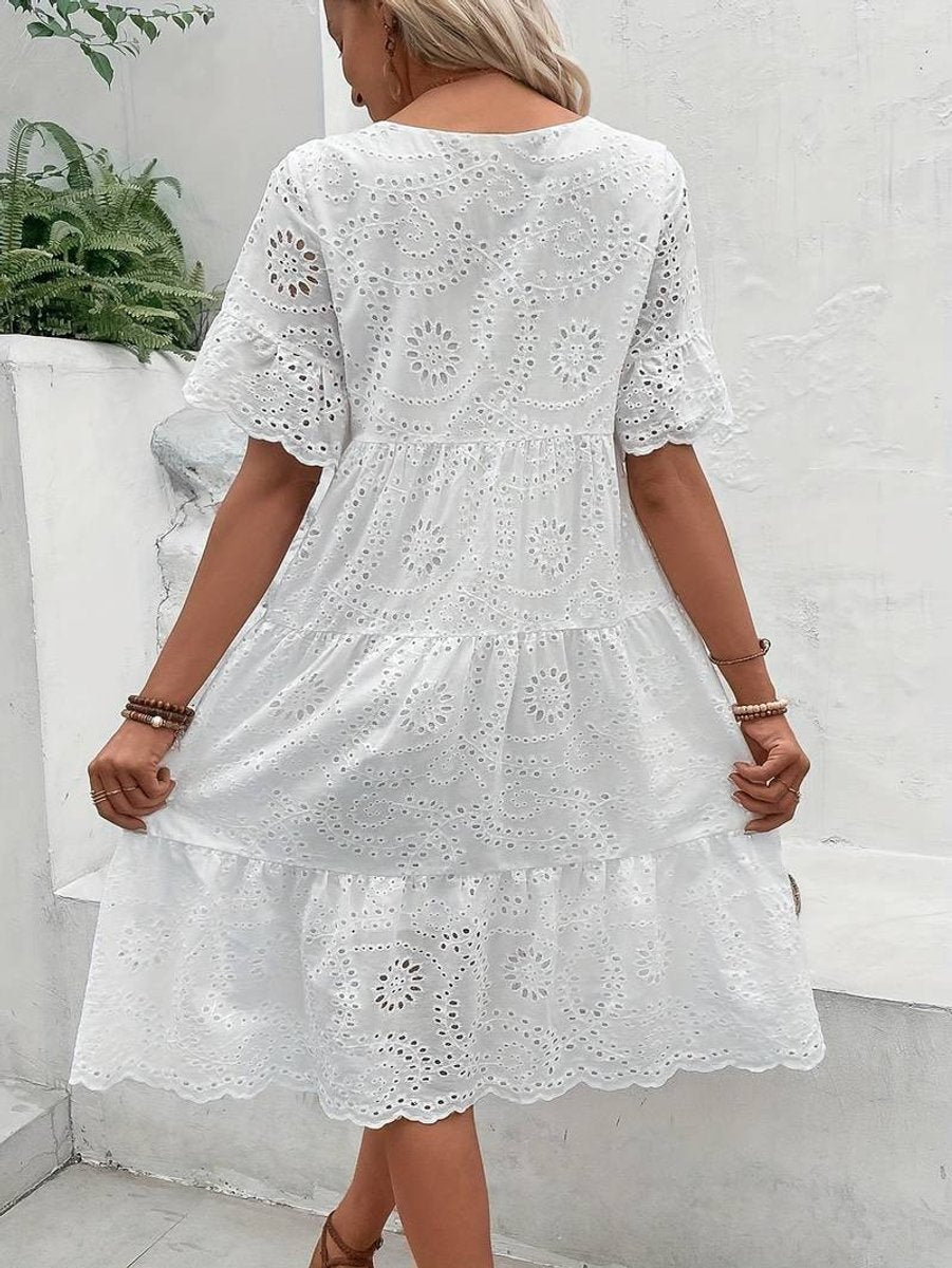 Women's Eyelet Lace Short Sleeve Fall Midi Dress