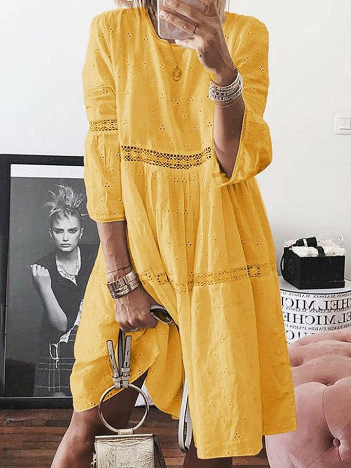Women's Eyelet Lace-Trim Flowy Fall Midi Dress Round Neck