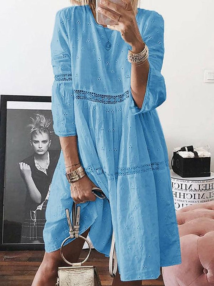 Women's Eyelet Lace-Trim Flowy Fall Midi Dress Round Neck