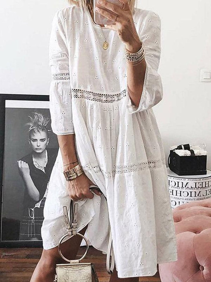 Women's Eyelet Lace-Trim Flowy Fall Midi Dress Round Neck