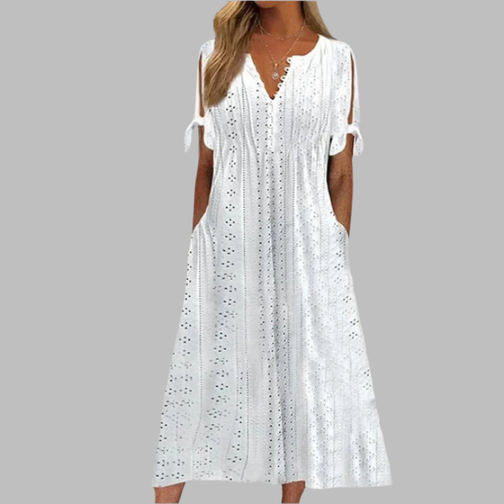 Women's Eyelet Lace V-Neck Tie-Sleeve Fall Midi Dress