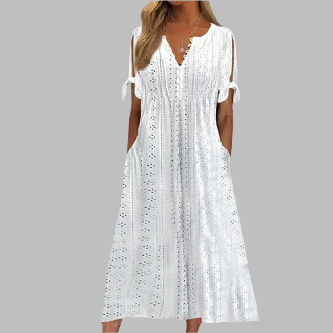 Women's Eyelet Lace V-Neck Tie-Sleeve Fall Midi Dress