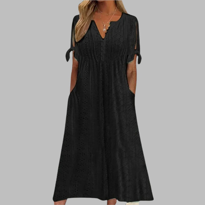 Women's Eyelet Lace V-Neck Tie-Sleeve Fall Midi Dress