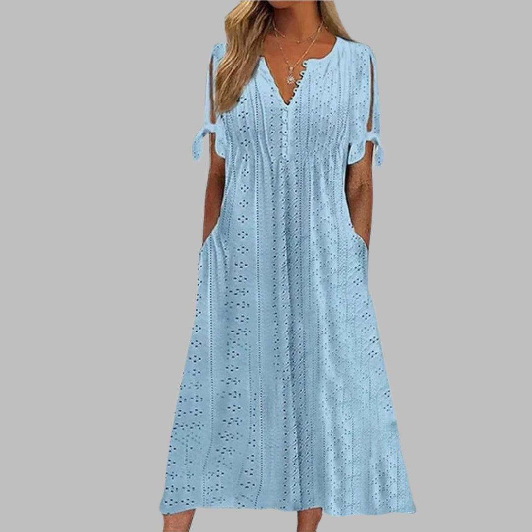 Women's Eyelet Lace V-Neck Tie-Sleeve Fall Midi Dress