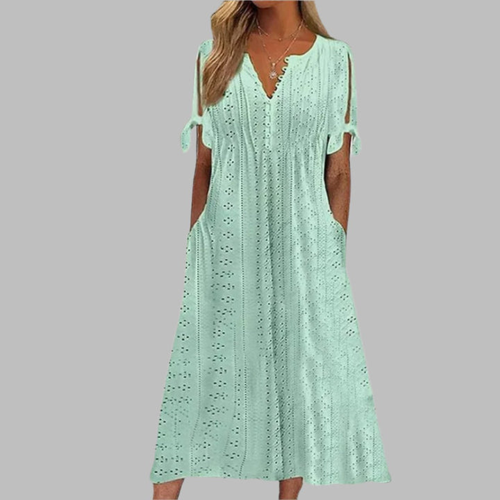 Women's Eyelet Lace V-Neck Tie-Sleeve Fall Midi Dress