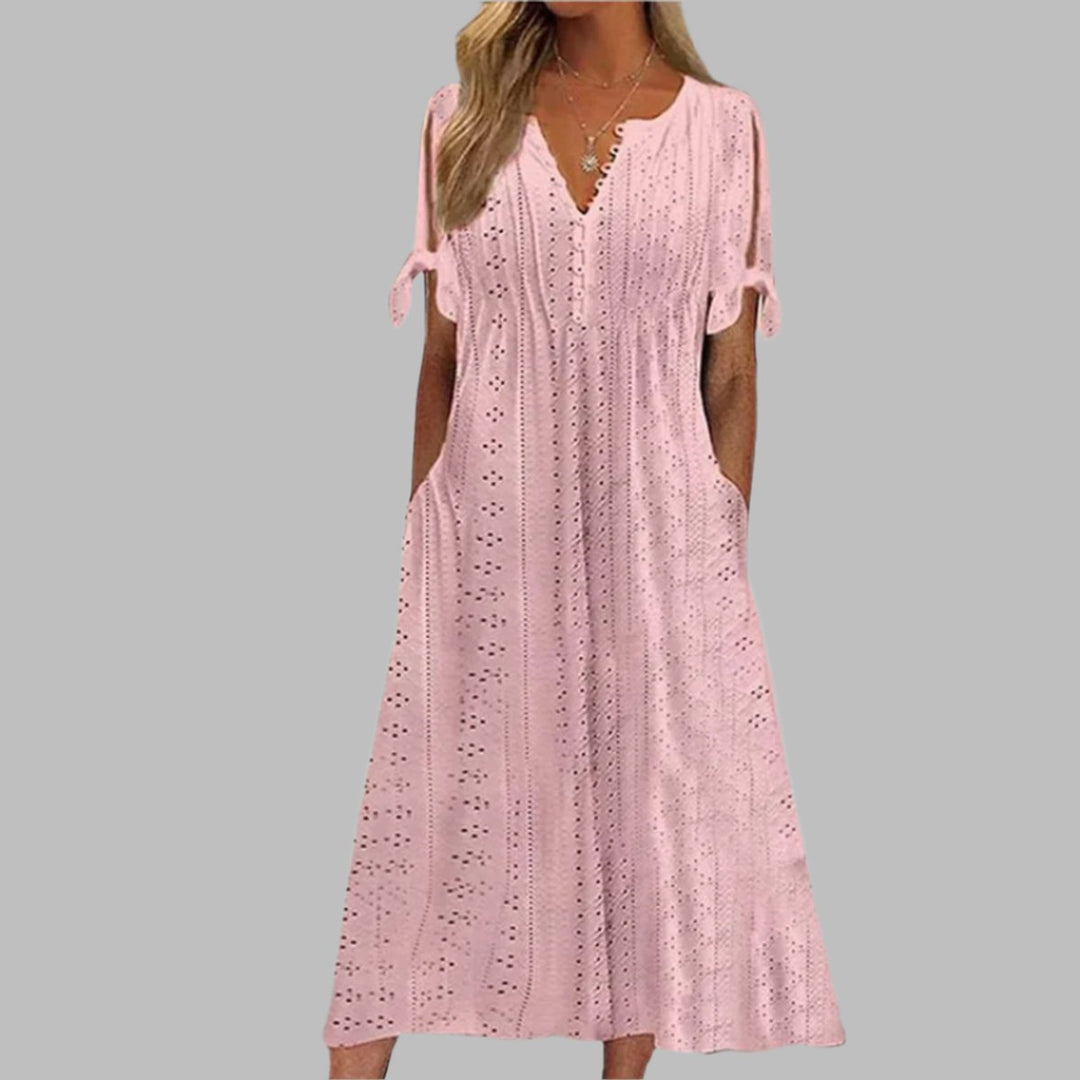 Women's Eyelet Lace V-Neck Tie-Sleeve Fall Midi Dress