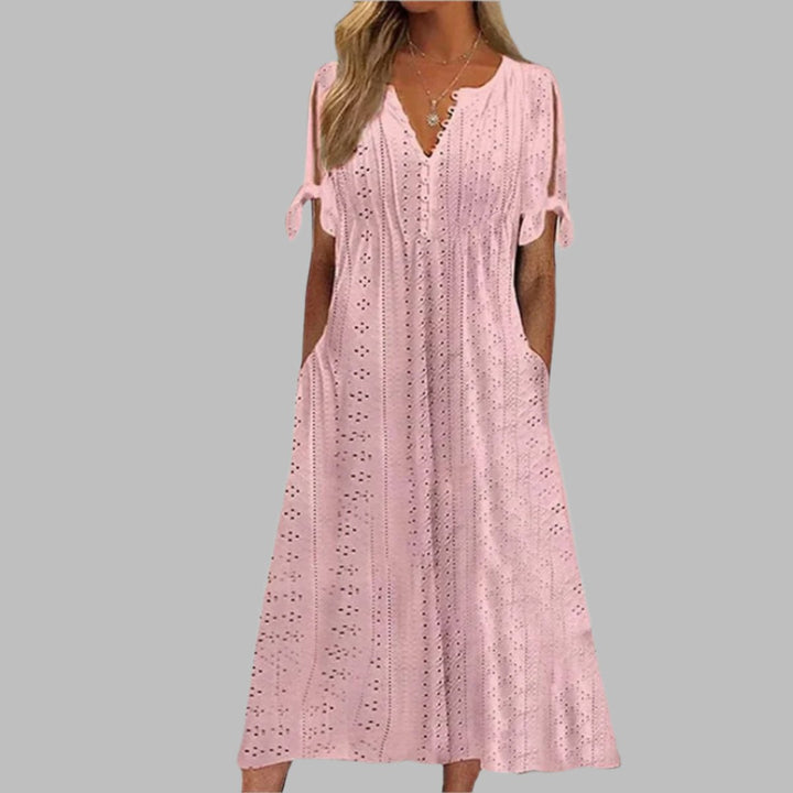 Women's Eyelet Lace V-Neck Tie-Sleeve Fall Midi Dress