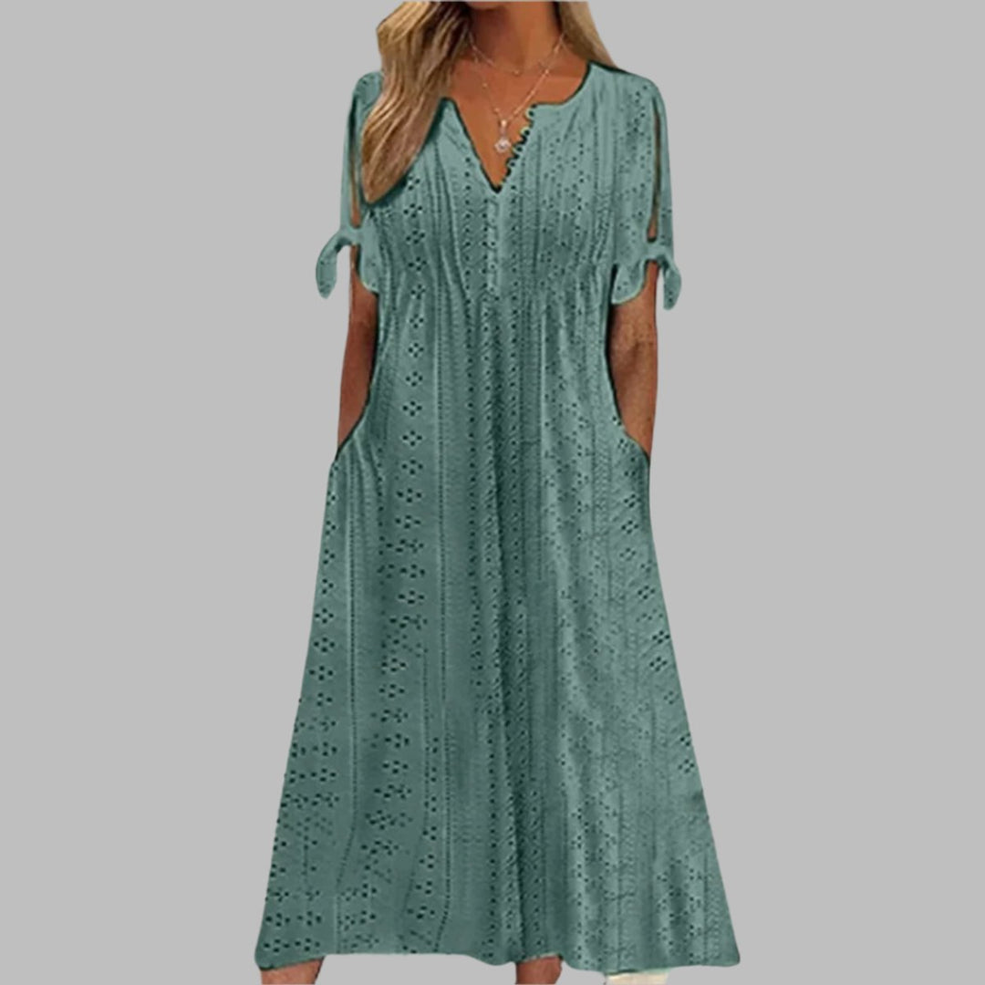 Women's Eyelet Lace V-Neck Tie-Sleeve Fall Midi Dress