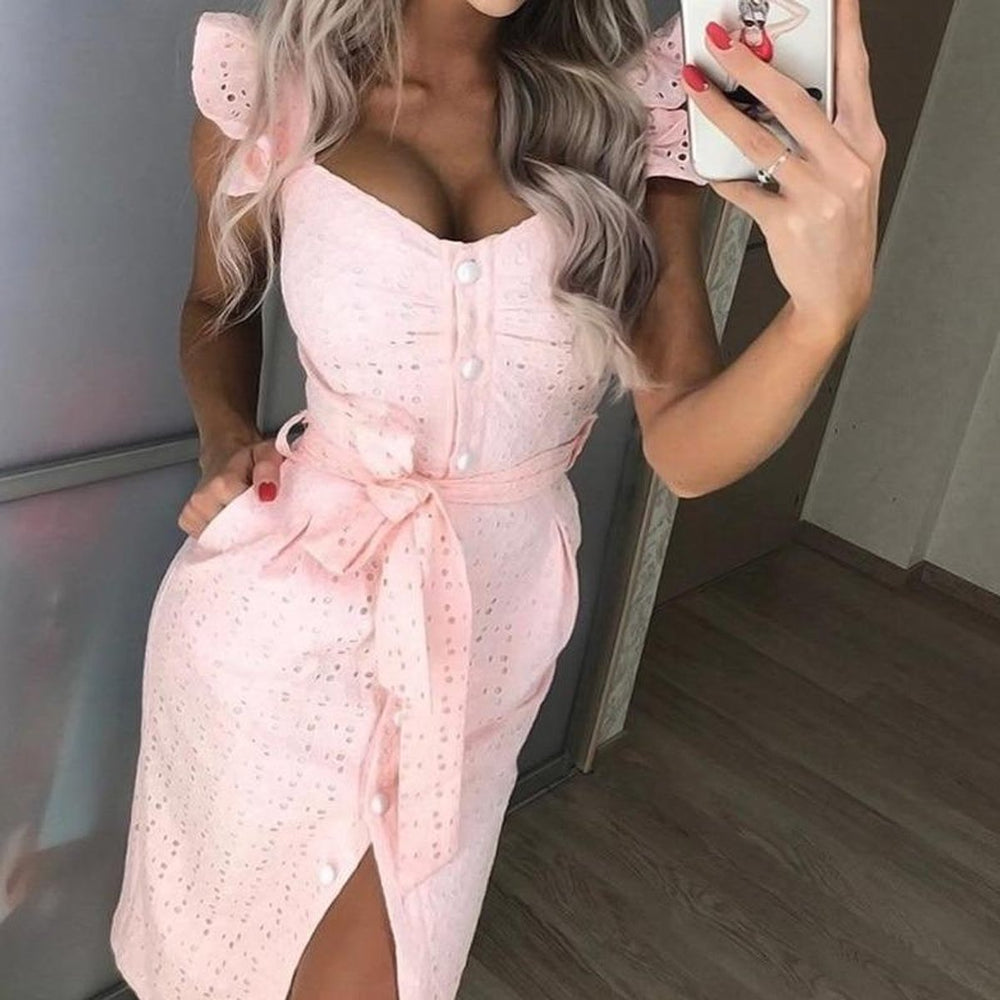 Women's Eyelet Ruffle-Strap Belted Fall Midi Dress