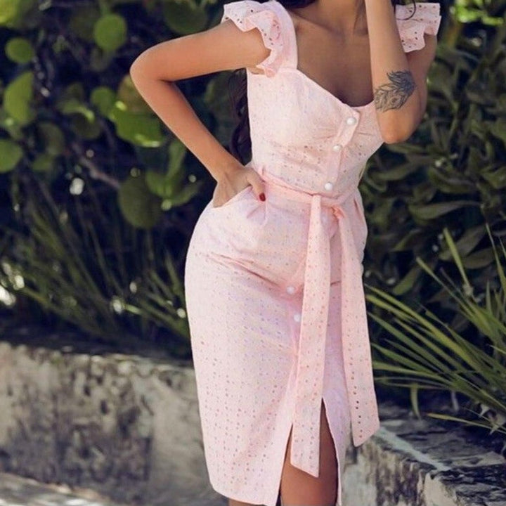 Women's Eyelet Ruffle-Strap Belted Fall Midi Dress