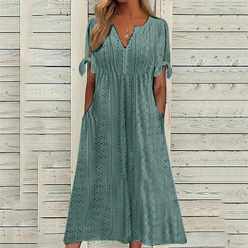Women's Eyelet V-Neck Tie-Sleeve Fall Midi Dress Pockets