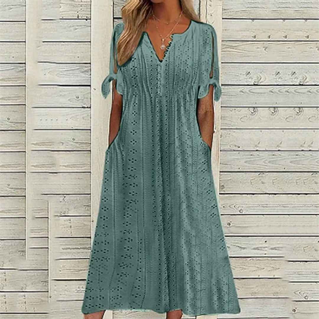 Women's Eyelet V-Neck Tie-Sleeve Fall Midi Dress Pockets