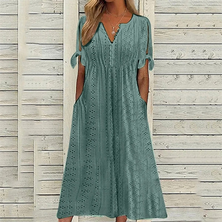 Women's Eyelet V-Neck Tie-Sleeve Fall Midi Dress Pockets