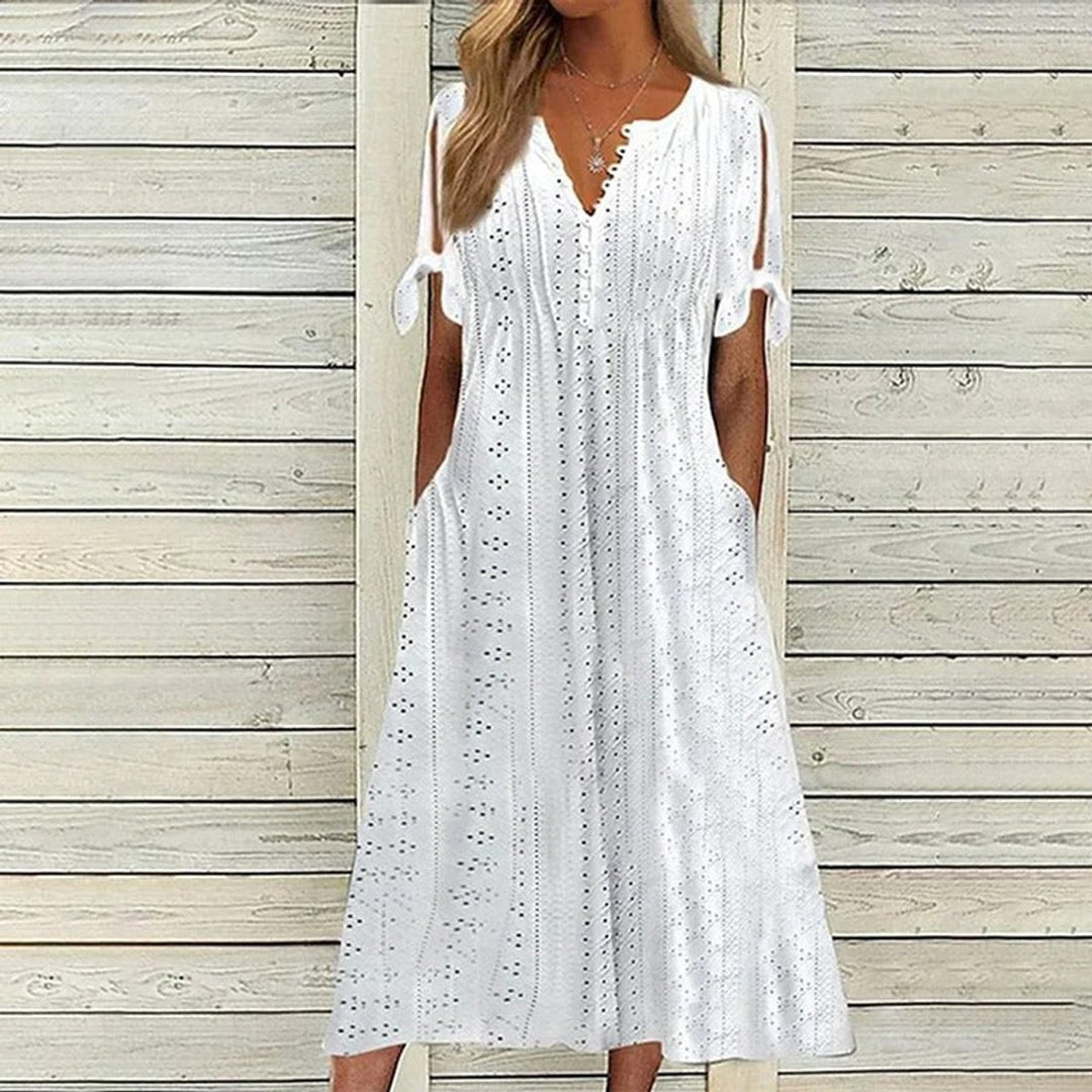 Women's Eyelet V-Neck Tie-Sleeve Fall Midi Dress Pockets