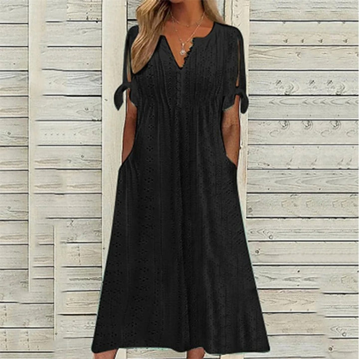 Women's Eyelet V-Neck Tie-Sleeve Fall Midi Dress Pockets