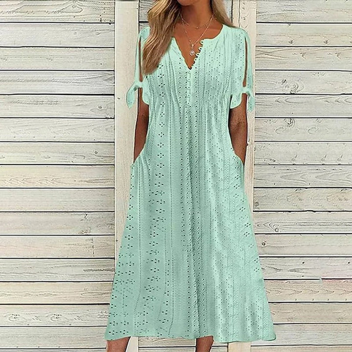 Women's Eyelet V-Neck Tie-Sleeve Fall Midi Dress Pockets