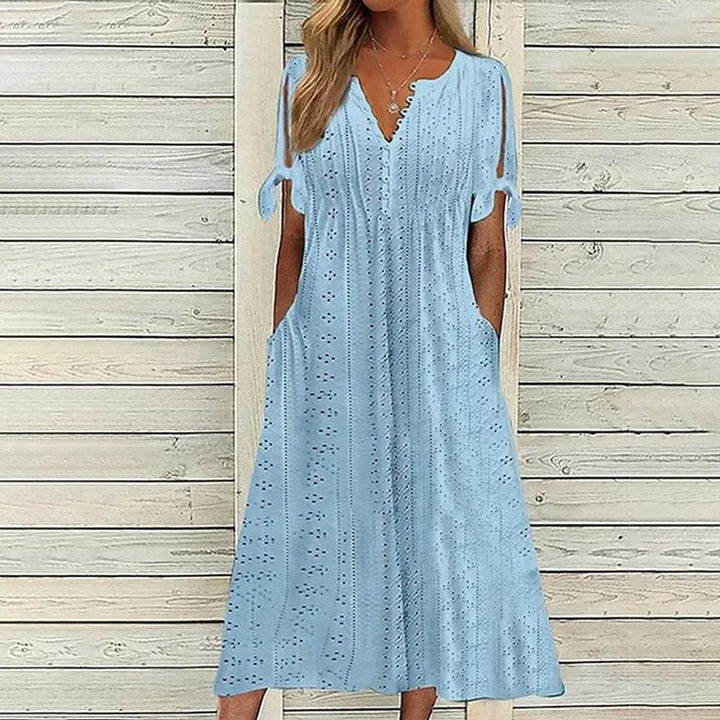 Women's Eyelet V-Neck Tie-Sleeve Fall Midi Dress Pockets