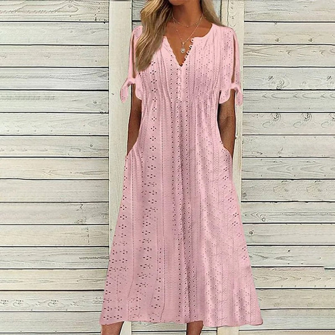 Women's Eyelet V-Neck Tie-Sleeve Fall Midi Dress Pockets