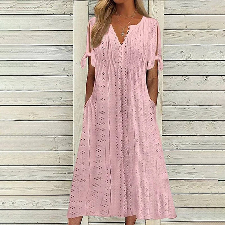 Women's Eyelet V-Neck Tie-Sleeve Fall Midi Dress Pockets