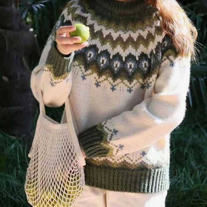 Women's Fair Isle Nordic Pattern Sweater Relaxed Knit Pullover - Green