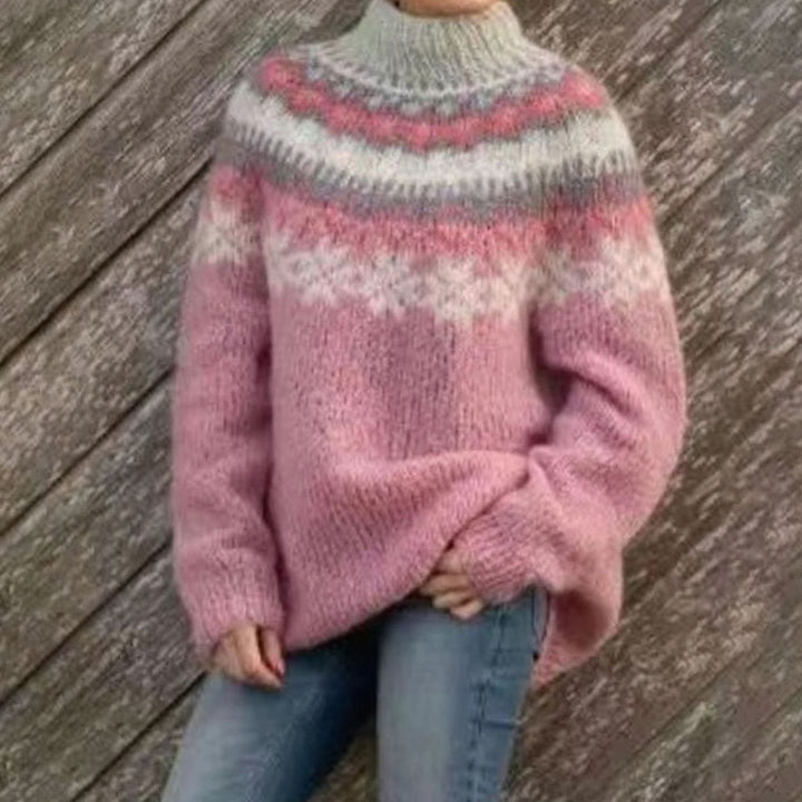 Women's Fair Isle Nordic Pattern Sweater Relaxed Knit Pullover - Pink